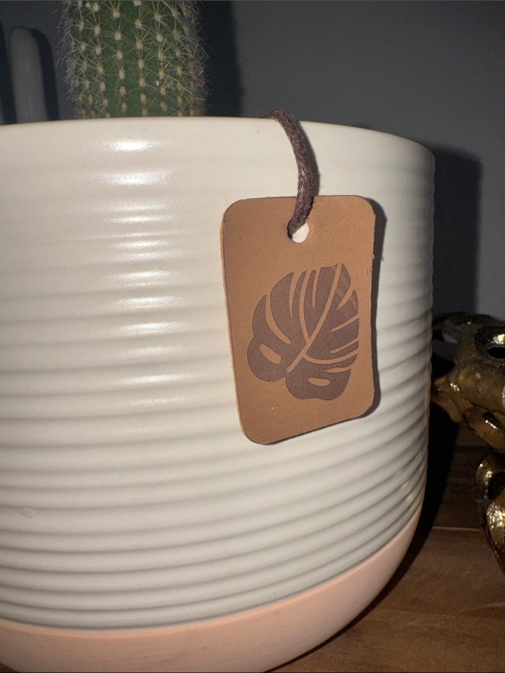 Ribbed Two-Tone Ceramic Planter in Cream and Bright Peach - Picture 2 of 4